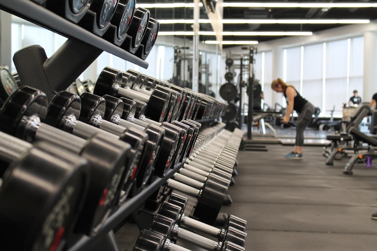 Rows of dumbbells in a modern gym